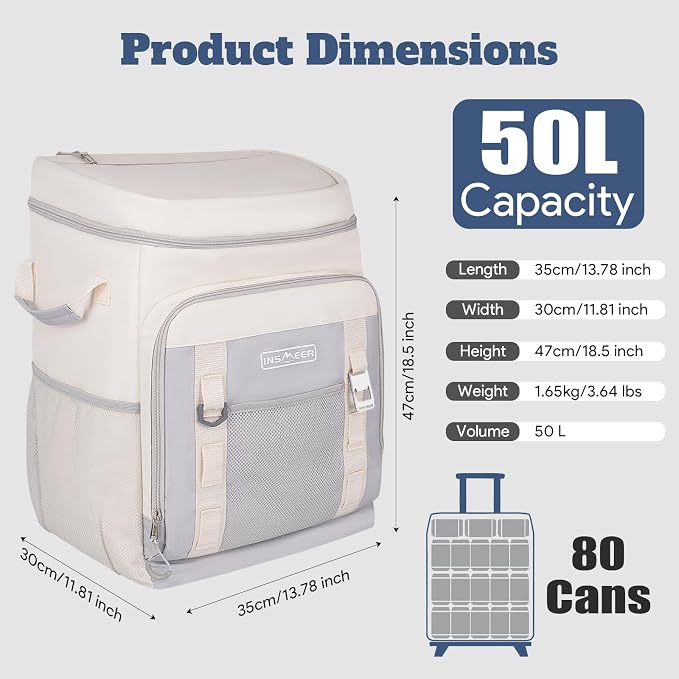 INSMEER Cooler with Wheels and Handle, 80 Cans/50L Rolling Cooler, Portable Soft Sided Cooler with Wheel, 2-in-1 Collapsible Trolley Cart, Large Coolerbag for Grocery Shopping