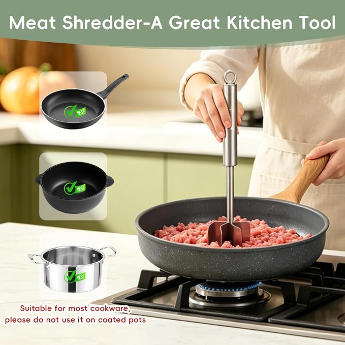 Stainless Steel Meat Chopper, ASWETMEL Meat Masher for Hamburger, Ground Beef Smasher, Hamburger Grinder Utensil for Ground Beef, Non Stick Mix Ground Chopper, Mix and Chop Potato Masher Tool