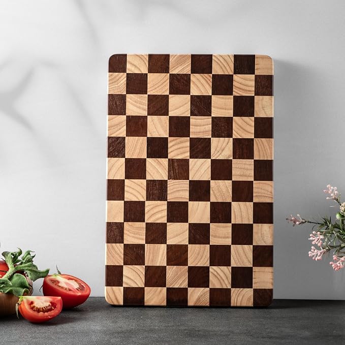 Wood Cutting Board Butcher Block, Wooden Chopping Board with Checkerboard Pattern and Inner Side Handles Meat Cheese Charcuterie Board, Ideal for Chopping, Slicing, and Dicing 14 * 9.5 Inch