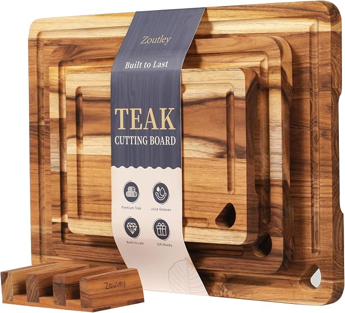 Extra Large Teak Wood Cutting Board for Kitchen, Knife-Friendly Chopping Boards with Juice Grooves & Storage Stand, Heavy Duty Wooden Boards for Meat, Fruit & Cheese, Ideal Housewarming Gift