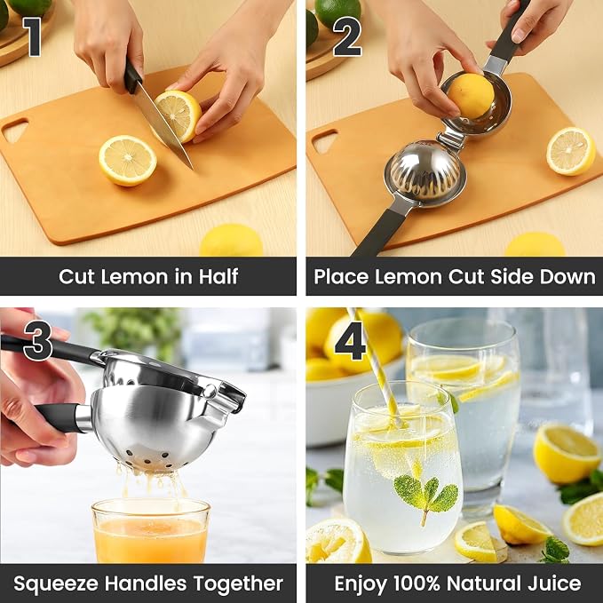 Rekix 304 Stainless Steel Lemon Squeezer, Max Extraction Hand Press Lemon Juicer, 3.4" Bowl Extra Large Orange Juicer, Manual Lime Squeezer, Handheld Citrus Fruit Squeezer for Kitchen Bar