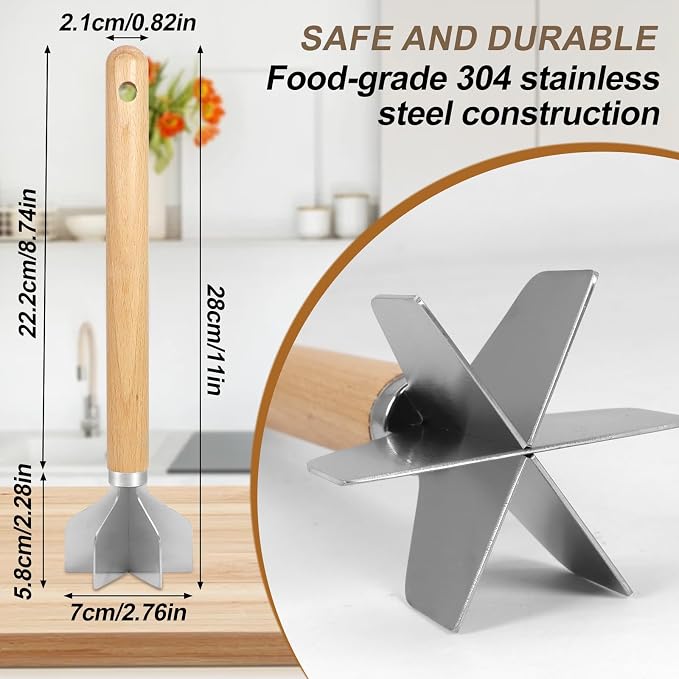 304 Stainless Steel Meat Chopper Wooden Meat Chopper 6 Curve Blades Meat Masher Ground Beef Chopper Tool 11 Inch Metal Meat Masher for Making Ground meat, Mashed potatoes, Jam