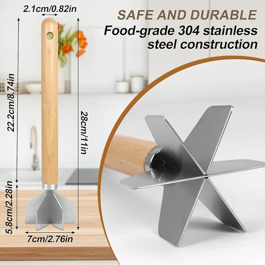304 Stainless Steel Meat Chopper Wooden Meat Chopper 6 Curve Blades Meat Masher Ground Beef Chopper Tool 11 Inch Metal Meat Masher for Making Ground meat, Mashed potatoes, Jam