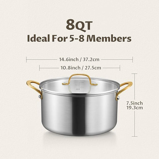 BEZIA 8 Quart Tri-Ply Stainless Steel Stock Pot with Lid, Soup Pot with Stainless Steel Handle, Exceptional Heat Distribution, Induction Cooking Pot for All Stoves, Silver