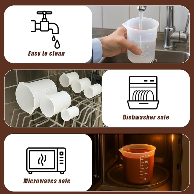 Juome 6PCS Silicone Measuring Cups for Melting Chocolate - Silicone Chocolate Melting Cup Set with 100/250/350ml Capacity, Dishwasher Safe, Baking Supplies Accessories for DIY Chocolate Molds