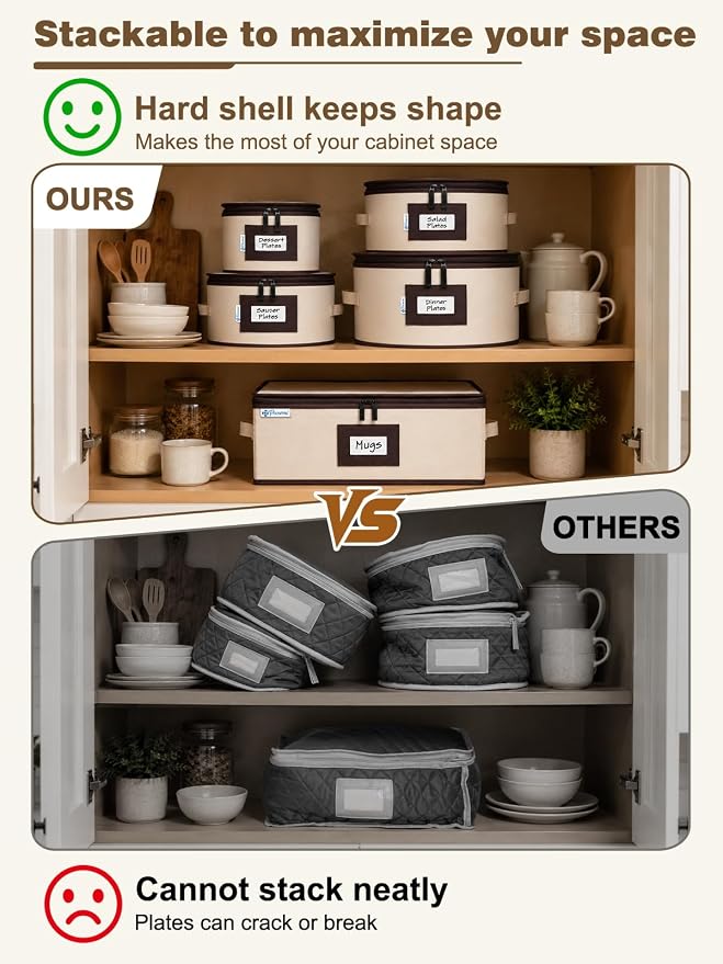 punemi Fine China Storage Containers, 5-Piece Hard Shell Set for Moving | Quilted dish protectors; with dividers, stackable organizer for coffee mug plates and dinnerware, for packing & moving, beige