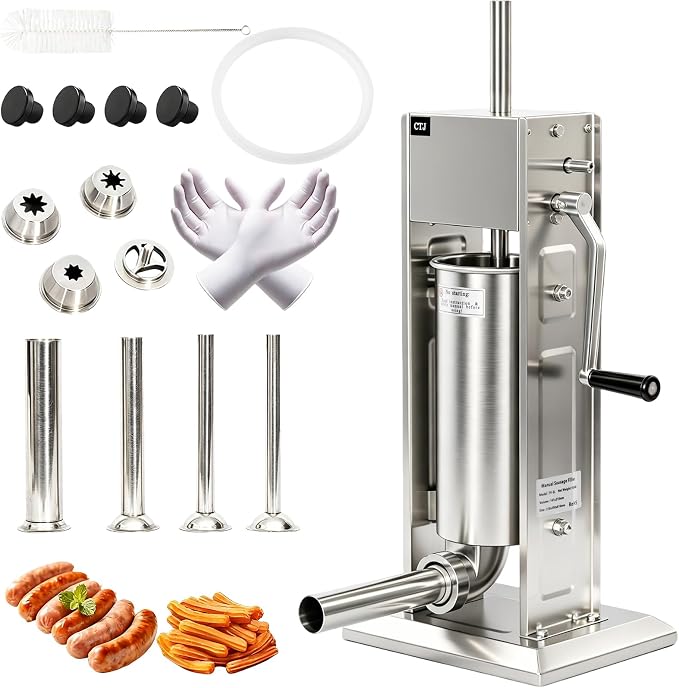 CTJ Sausage Stuffers Stainless Steel Sausage & Churro Maker 5L/11Lb,Silver | Manual 2 in 1 Sausage Stuffer & Churro Maker, 2-Speed Adjustable Vertical Sausage Maker, 4 Stuffing Tubes & Churros Nozzle