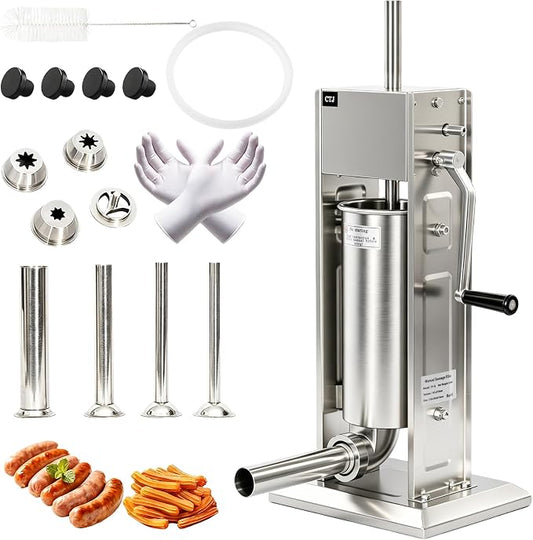 CTJ Sausage Stuffers Stainless Steel Sausage & Churro Maker 5L/11Lb,Silver | Manual 2 in 1 Sausage Stuffer & Churro Maker, 2-Speed Adjustable Vertical Sausage Maker, 4 Stuffing Tubes & Churros Nozzle