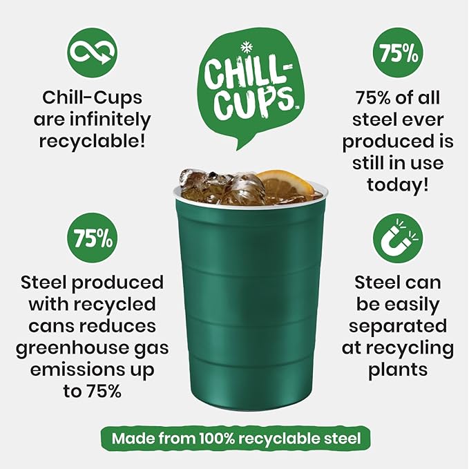 Steel Chill Cups 16 oz. Durable & Reusable Party Cups, Green, 180 Count | Made in USA from Steel these durable cups chill fast & keep your drink cold for longer, 100% recyclable for sustainablity