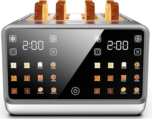 Digital Smart Toaster 4 Slice, Dual Touchscreen with Independent Control | Wide Slot for Bagel, Bread and More | 1800W, 6 Browning Levels, Defrost, Reheat, Single-Slice Function | Stainless Steel