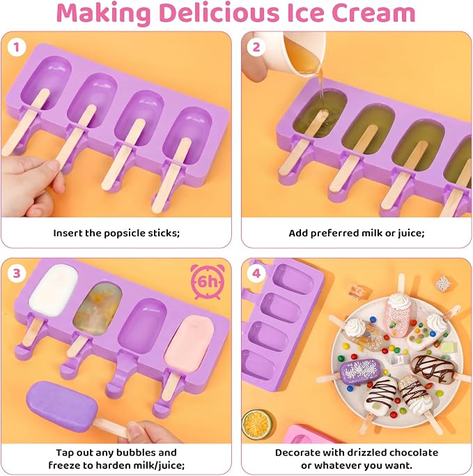 Ouddy Life Popsicle Molds Set of 2, Ice Pop Molds Silicone 4 Cavities Ice Cream Oval Cake Pop Mold with 50 Wooden Sticks for DIY Popsicle, Purple Pink