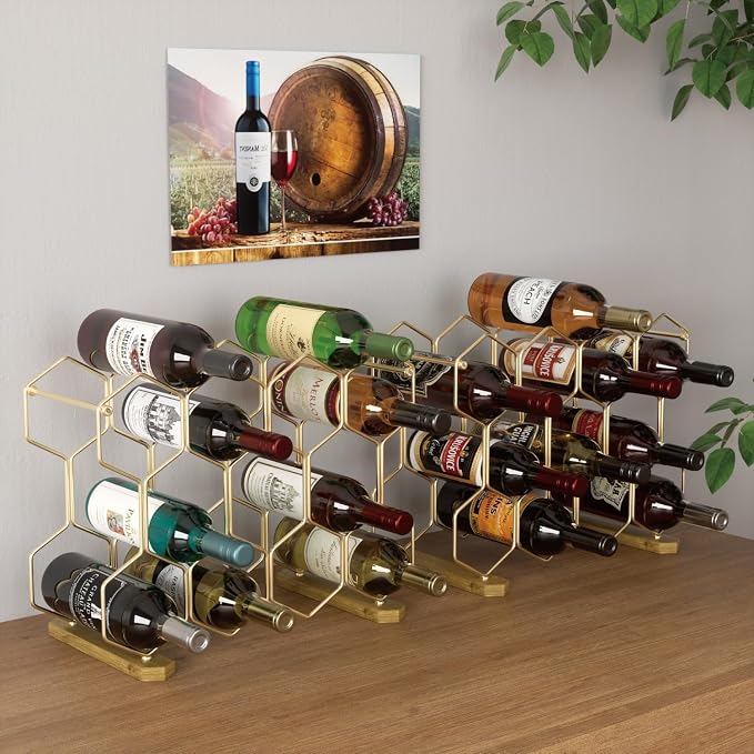 Buruis Countertop Wine Rack with Acacia Base, 14-Bottle Modern Freestanding Metal Holder for Red and White Wine, Tabletop, Kitchen, Bar, and Cabinet Storage (Gold)