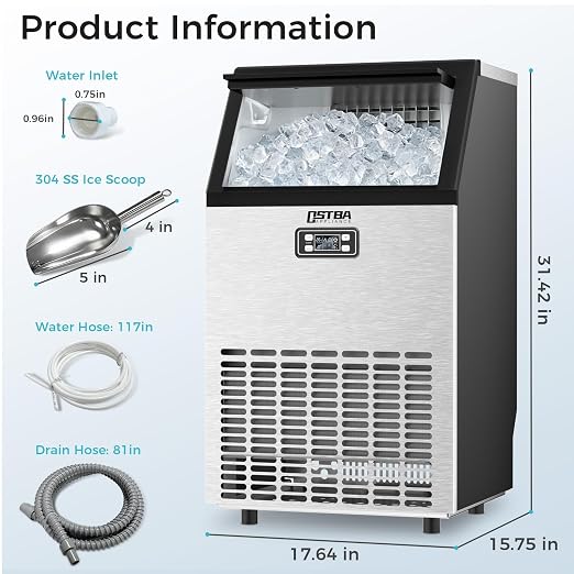 OSTBA Commercial Ice Maker Machine, 100Lb/24H, Self-Cleaning, 33Lbs Storage | Under counter design, 45 cubes in 10mins, LED control, stainless steel, adjustable ice thickness for restaurant ,bar and home