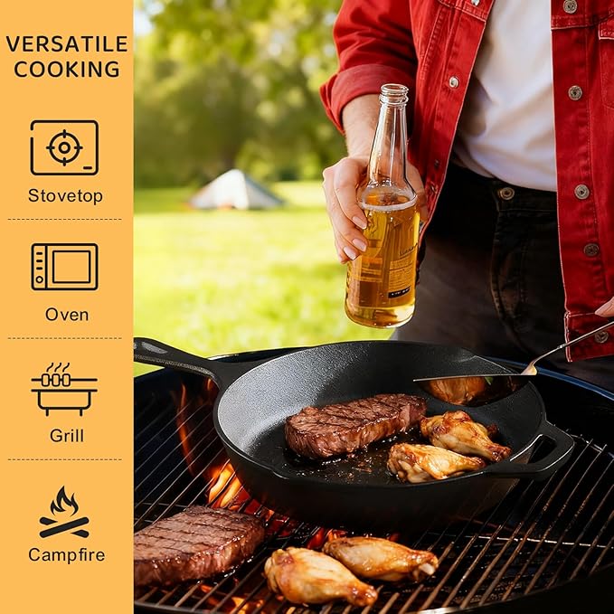 EWFEN Cast Iron Skillet 10 Inch, Pre-Seasoned Frying Pan, Heavy-Duty Professional Restaurant Chef Quality Cookware with Drip Spout, Indoor & Outdoor Use, Compatible with Oven, Stove, Grill & Campfire