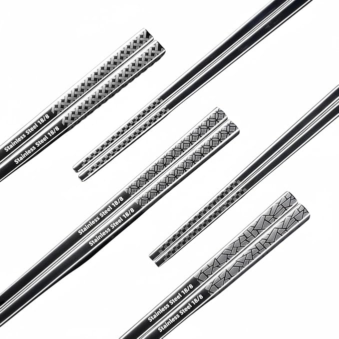 5 Pair Metal Chopsticks Reusable 18/8 Stainless Steel Chopsticks Set Non-slip Chinese Chopstick for Cooking Eating Dishwasher Safe 9.25" Chop Sticks Gift Set