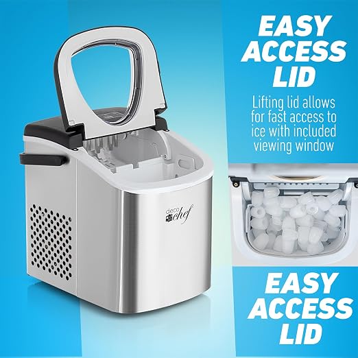 Deco Compact Countertop Ice Maker, 26LBs in 24HRs, 9 Bullet Ice Cubes Ready in 6 Minutes, Lightweight and Portable with Handle, Ice Basket, and Ice Scoop, Stainless Steel