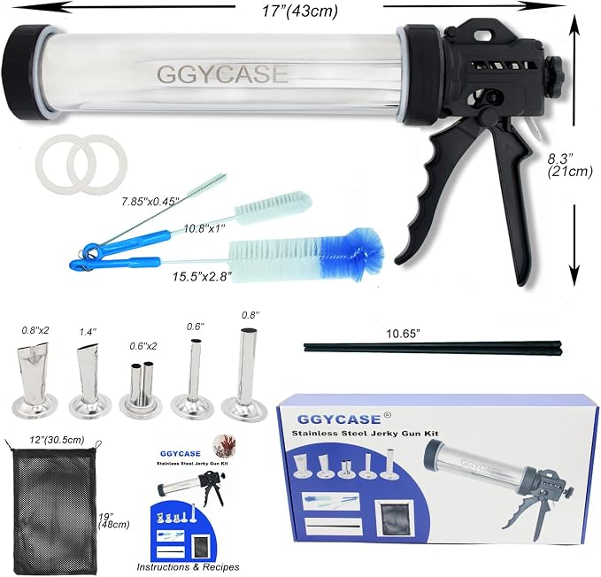 2LB Large Capacity Stainless Steel Jerky Gun Kits, Sausage Stuffer Machine, Meat Gun, Beef Jerky Maker with 5 Stainless Nozzles 3 Brushes