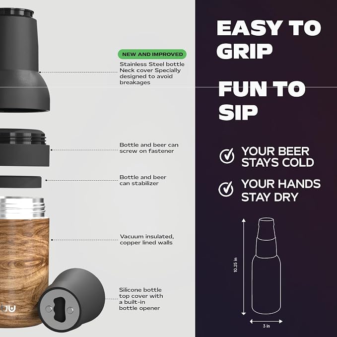 Asobu Frosty Beer Holder 2 Go Vacuum Insulated Double Walled Stainless Steel Beer Can and Bottle Cooler with Beer Opener, Bpa Free, Fits Standard 12oz Bottles, Gift for Beer Lovers (Natural Wood)