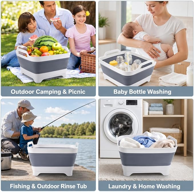 2.4 Gal(9L) Collapsible Dish Basin with Drain Plug, Space Saving Outdoor Multiuse Foldable Sink Tub, Dishpan, Kitchen Storage Tray for Camping, Vegetable Washing, RV (Gray)