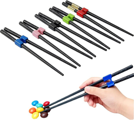 Reusable Chopsticks for Beginner- Fiberglass Training Chop sticks Helpers Set, 5 Pairs Non-Slip Black Chopsticks With Helper, Pretty Classic Style Chop Sticks Dishwasher Safe 9.45Inch