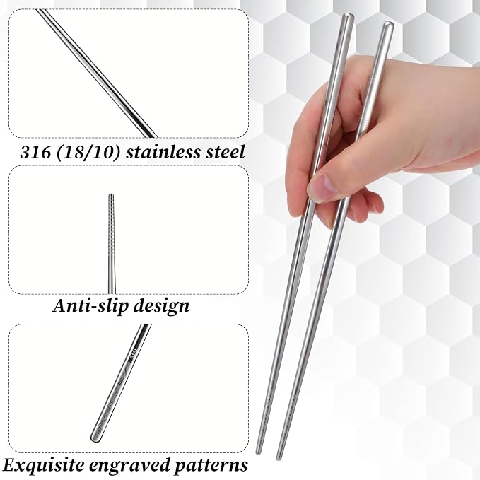 5 Pairs Chopsticks Dishwasher Safe, Stainless Steel Chopsticks | Non Slip Metal Chop Sticks Reusable Japanese Korean Chinese Chopstick for Home Restaurant Cooking Eating