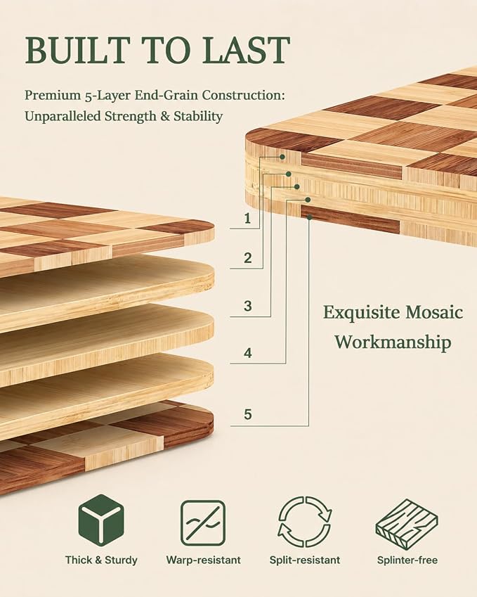 Checkered Cutting Board Set with Holder, Set of 3 End Grain Butcher Block Boards for Kitchen, Bamboo Serving Board with Handle for Cheese, Charcuterie, Meat, Fruit and Meal Prep