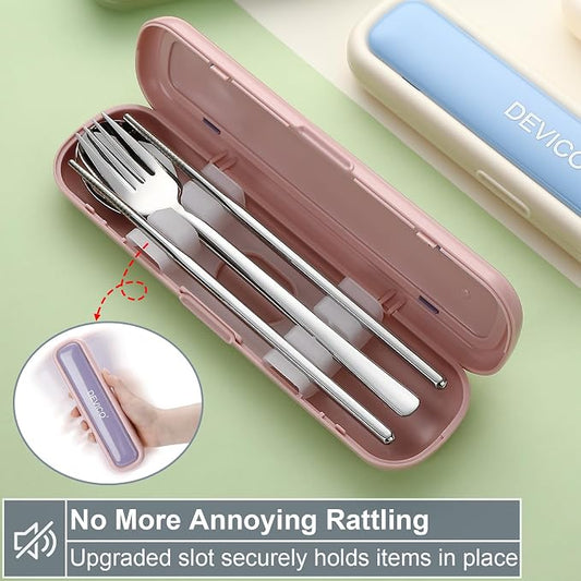DEVICO Utensils for Lunch Box, Portabl Korean Chopsticks Fork and Spoon Set | 4Pcs 18/8 Stainless Steel Travel Silverware Set with Case, for Camping/School, for Kids/Adults, Dishwasher Safe, Pink-Purple