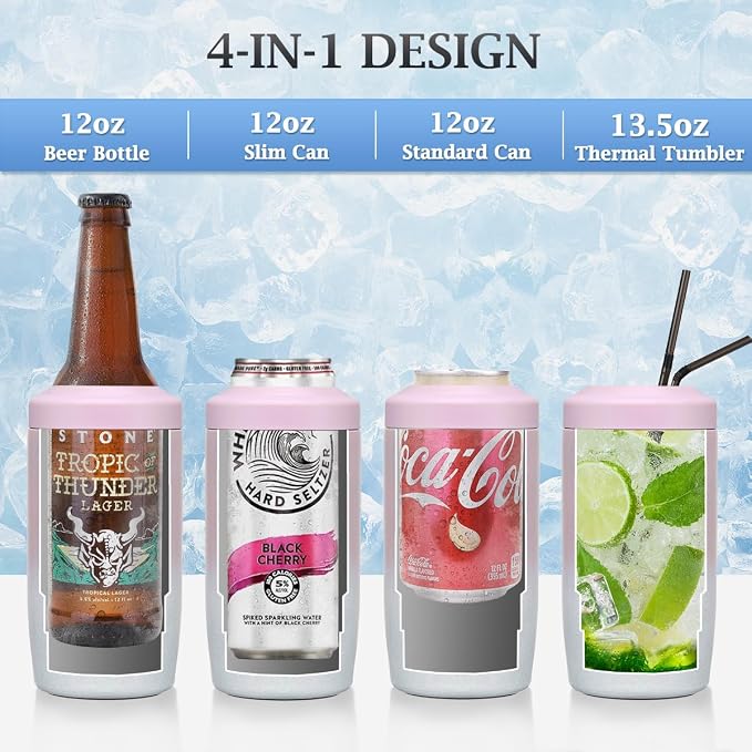 MAXSO Slim Can Cooler, 4-in-1 Double Walled Stainless Steel Insulated Beer Can Holder, Works With All 12 Oz Cans,Bottles & As A Pint Cups - Gradual Pink White