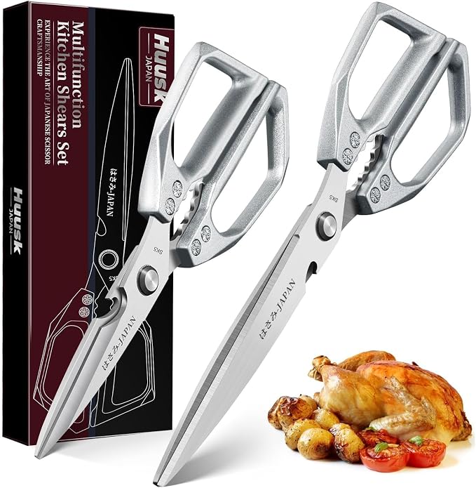 Huusk Heavy Duty Kitchen Shears, 2 Pack Japanese Steel Kitchen Scissors | Multifunction Meat Scissors for Fish, Chicken Bones, Turkey, Ergonomic Comfortable Handles, Dishwasher Safe, Gifts for Women