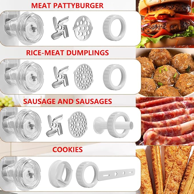 Manual Meat Grinder, Heavy Duty Meat Mincer Sausage Stuffer,Hand Grinder with Stainless Steel Blades for Meat, Sausage, Cookies, Easy to Clean(3 in 1,White)
