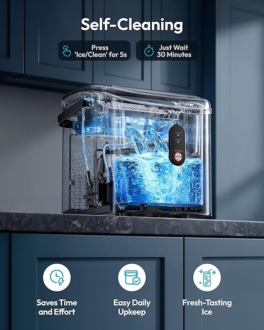 EUHOMY Countertop Ice Maker Machine with Handle, 26.3lbs Per Day, 9 Cubes in 6 Mins, Auto-Cleaning Portable Ice Maker with Basket and Scoop, for Home/Kitchen/Camping/RV (Silver)