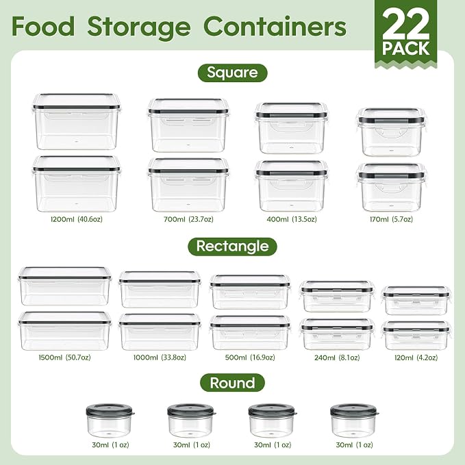 KEMETHY 44-Piece Food Storage Containers with Lids(22 Containers & 22 Lids), Plastic Food Containers for Pantry & Kitchen Storage and Organization, BPA-Free, Leak Proof, Reusable with Labels & Pen