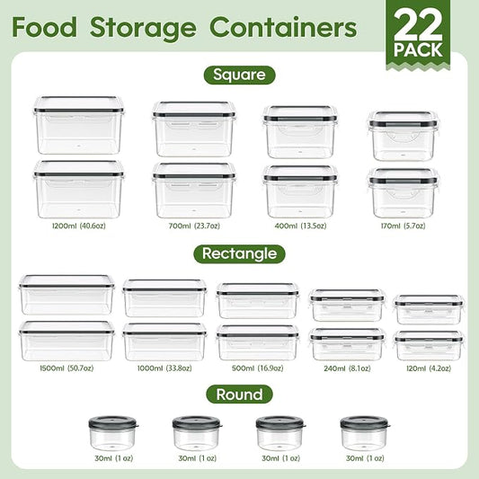 KEMETHY 44-Piece Food Storage Containers with Lids(22 Containers & 22 Lids), Plastic Food Containers for Pantry & Kitchen Storage and Organization, BPA-Free, Leak Proof, Reusable with Labels & Pen