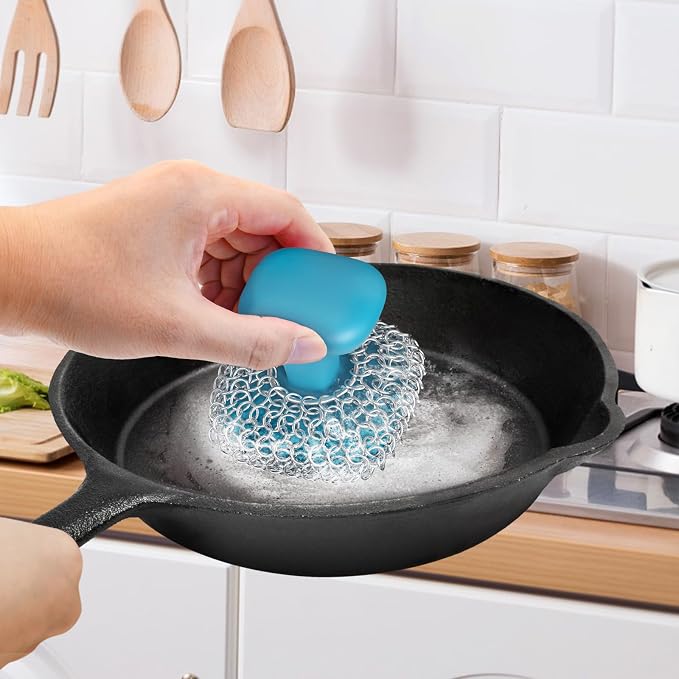 Cast Iron Scrubber Dish Scrub Brush for Cast Iron Pan Skillet | 316 Cast Iron Cleaner, Chain Mail Scrubber Cast Iron, Dish Scouring Pad, Dishwasher Safe, Cleaning Kit, Blue