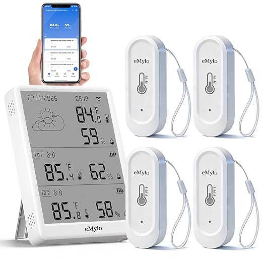 eMylo WiFi Thermometer Hygrometer with 4 IP65 Outdoor Sensors, 328Ft Range | Temperature Humidity Monitor with App Alerts, Alexa Compatible, Indoor Thermometer for Home Greenhouse Basement Wine Cellar