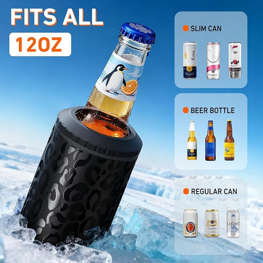 3 in 1 Slim Can Cooler for 12 OZ Skinny Can, Regular Can & Beer Bottle - Keep Cold for 6 Hours - Double Walled Insulated Stainless Steel Vacuum Beverage Can Insulator (Black Leopard)