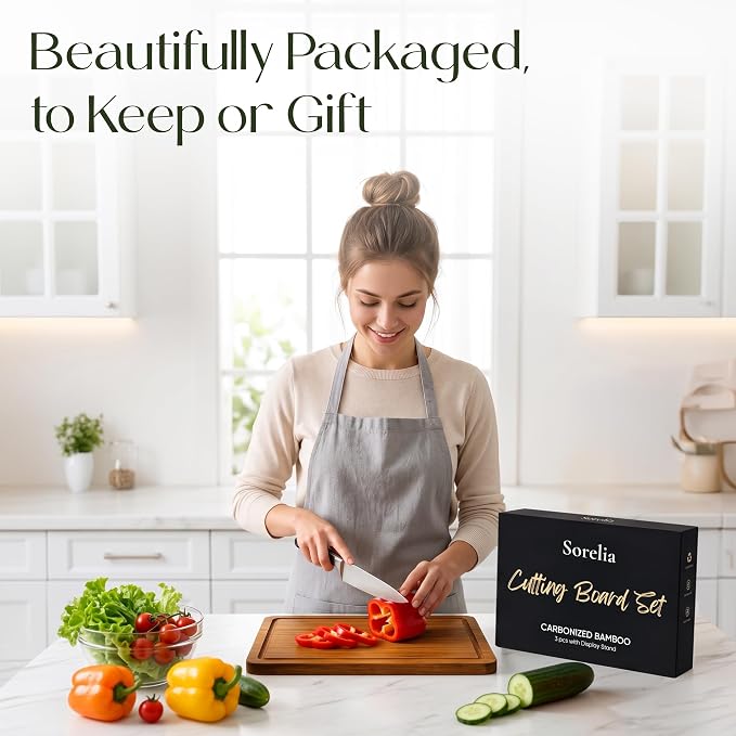 3-Piece Bamboo Cutting Boards - Groove, Handles, 15/12/9" - Carbonized | Bamboo boards with elegant dark finish, reversible prep and serving surfaces