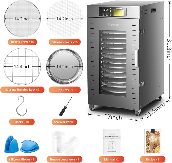 Rotary Food Dehydrator 16 Trays, Commercial Large Rotating Food Dryer Machine for Jerky, Herbs, Mushrooms, Fruit, Dog Treats, 1500W Full Stainless Steel Industrial Dehydrater (Gunmetal Gray)