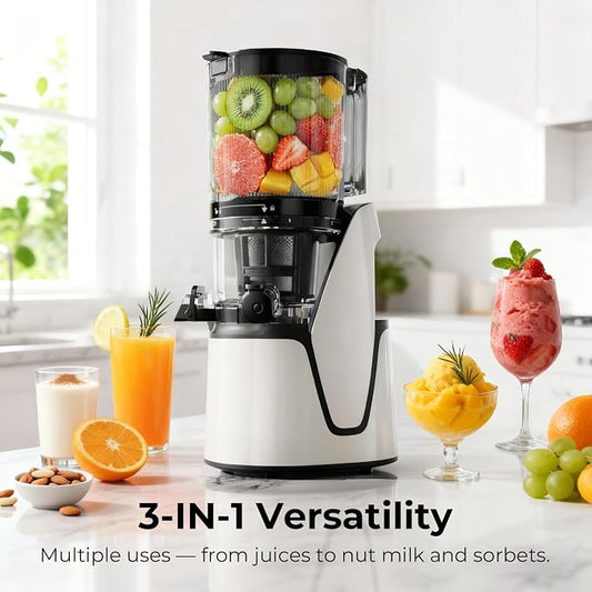 EanOruus Juicer Machines, 3-in-1 Cold Press Juicer, Bright White | Makes Juice, Nut Milk & Sorbet, 6.5" Extra Large Chute, 100oz Large Capacity, AC Motor