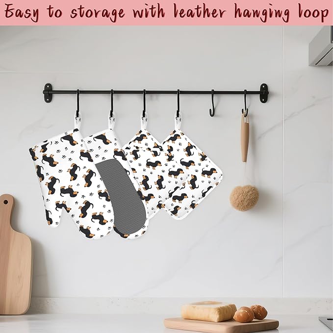 Cute Dachshund Dog Heat-Resistant Silicone Oven Mitts and Pot Holders 4 Piece Set,Extra Long Non-Slip Kitchen Oven Gloves for Cooking, Baking, BBQ,Grilling