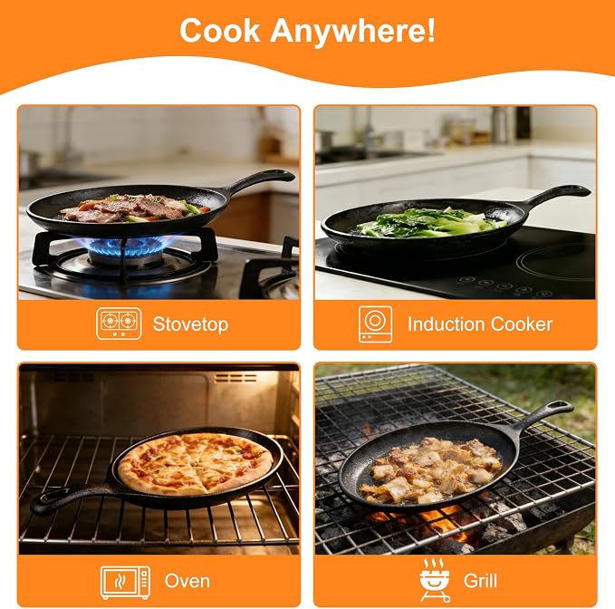 4 Sets Cast Iron Fajita Skillet Set Sizzling Plate with Wooden Base & Anti Scald Protection Hot Handle Cover, Cast Iron Skillets Set for Home Barbecue Kitchen Party Restaurant Catering Service