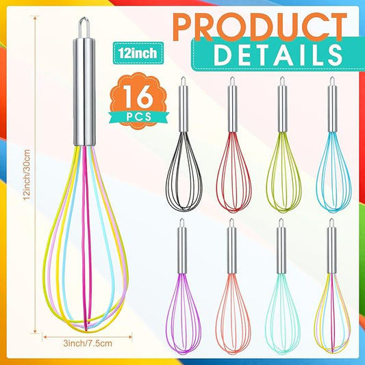 Domensi 16 Pcs 12 Inch Whisks Bulk for Cooking Silicone Whisks Non Scratch Stainless Steel Hand Coated Metal Heat Resistant Egg Beaters for Classroom Cook Party Favor Gift Supplies
