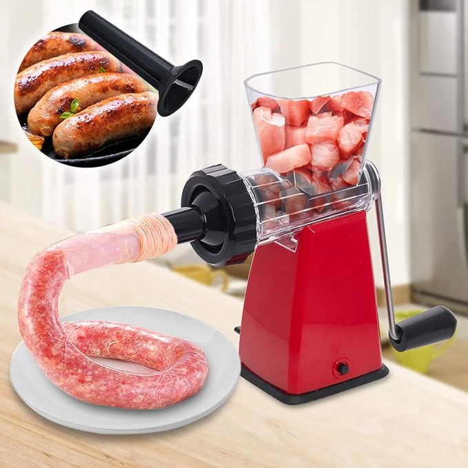 Manual Meat Grinder with Stainless Steel Blades Heavy Duty Powerful Suction Base for Home Use Fast and Effortless for All Meats-Red
