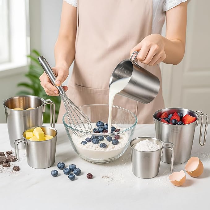 Newness 5-Pack Stainless Steel Measuring Cups Set, Metal Measuring Cup | (3 Marking, Cup/ML/Oz Scale)(2, 3, 4, 6 & 8 Cup) Metal Measuring Cup with Handle For Prepping, Baking and Cooking, Dishwasher
