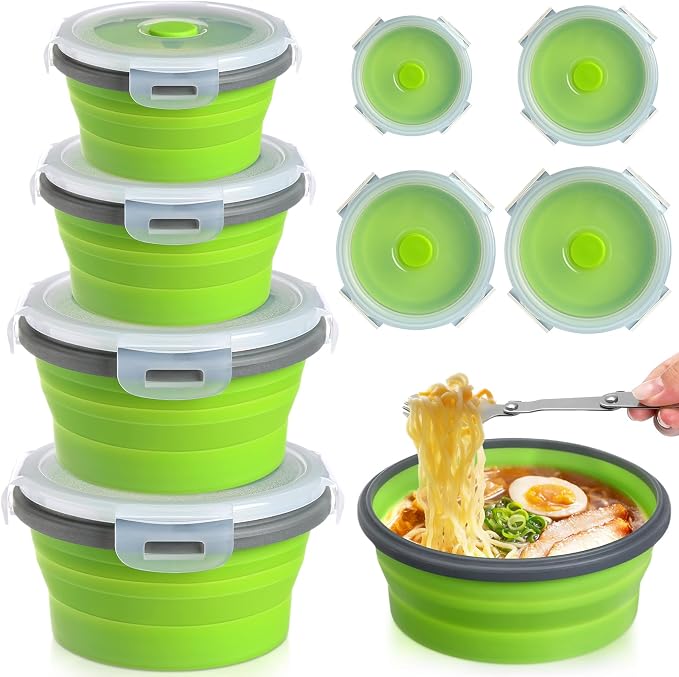 4 Pcs Collapsible Bowls with Lids Silicone Camping Food Storage Container Expandable Folding Salad Lunch Box Travel Container for Hiking Camping