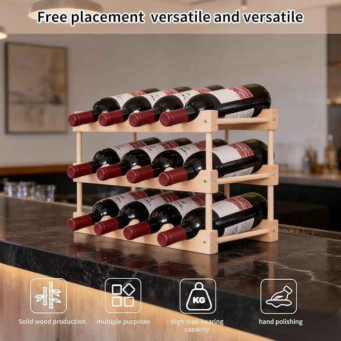 Wooden Wine Rack, countertop Wine Rack, 8-Bottle Stackable Wine Storage Rack, DIY Assembled Wine Holder, Used in Kitchens, countertops, etc (3 Layers of 12 Bottles)
