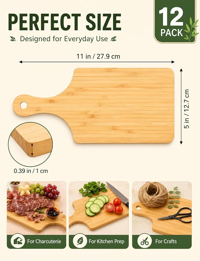 12 Pcs Small Wood Cutting Board with Handle,11x5 In Mini Charcuterie Boards | Hanging Unfinished Bamboo Chopping & Serving Board Bulk for Craft,Laser Engraving, Charcuterie, Home Decor, Housewarming Gift