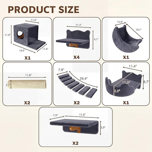 13-in-1 Cat Wall Shelves, Moon & Bridge Cat Wall Furniture, Grey | Wall Mounted Cats Shelf Set with Plush Fabric, Cat Climbing Systems for 16 Inch Drywall, Condo, Scratching Post, Space-Saving