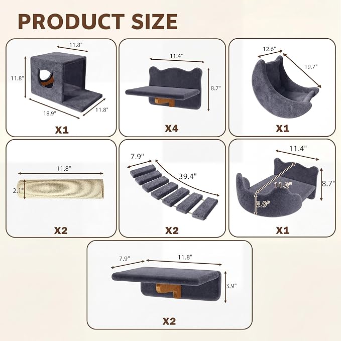 Cat Wall Furniture, 13 in 1 Moon & Bridge Cat Wall Shelves, Grey | Wall Mounted Cats Shelf Set with Plush Fabric, Cat Climbing Systems for 16 Inch Drywall, Condo, Scratching Post, Space-Saving