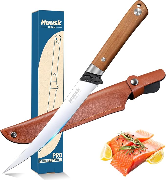 Huusk 7 inch Fillet Knife - Sharp Japanese Fillet Knife for Fish | Wooden Handle, Professional Flexible Boning Knives, Gift Box, for Meat Cutting and Trimming